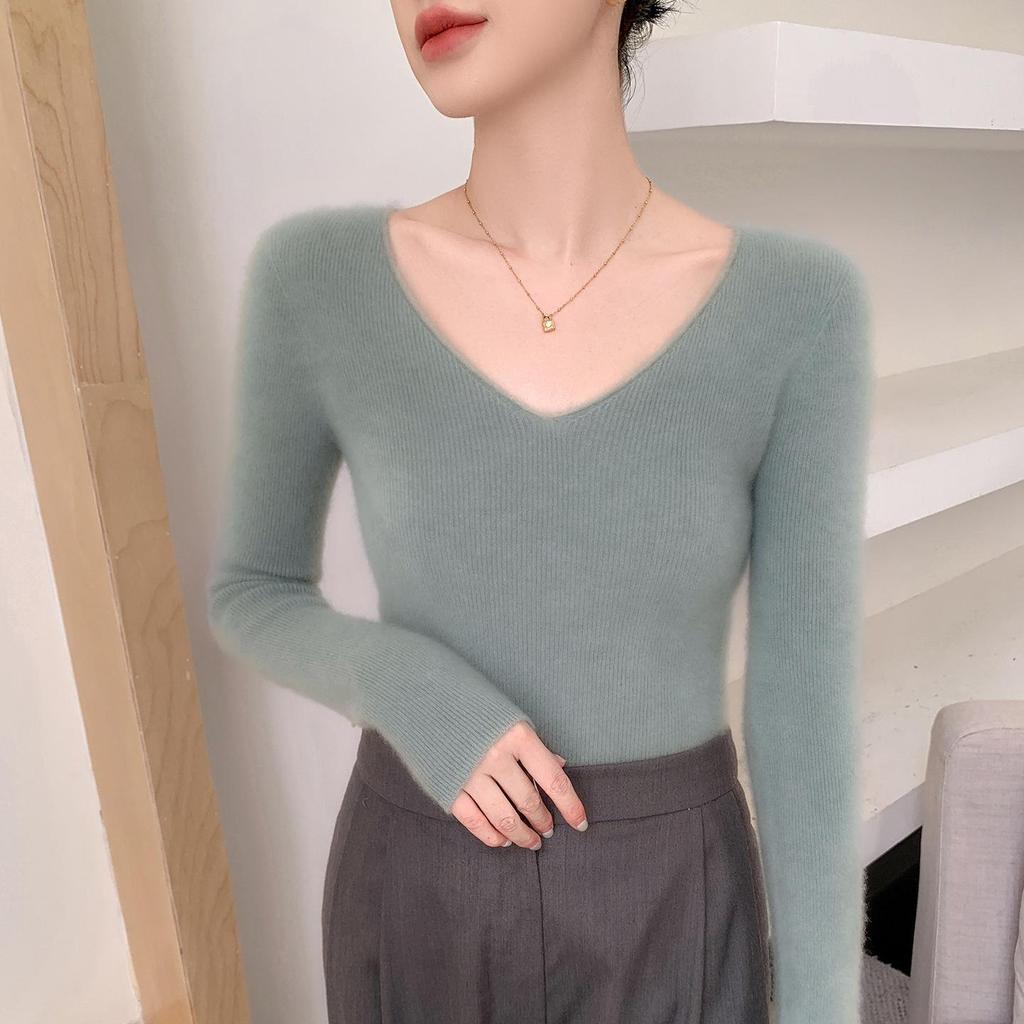 Women's V-Neck Cashmere Pullover - Loose Fit Solid Color Base Layer for Autumn/Winter