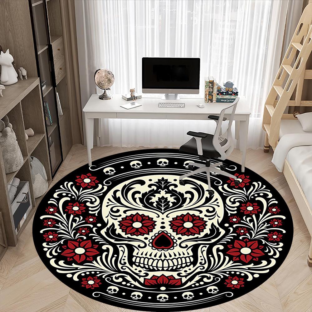 1pc Sugar Skull Day of the Dead Office Round Area Rug, Under Office Chairs Bedroom Living Room Home Decor, Room Deco, Available In Various Sizes