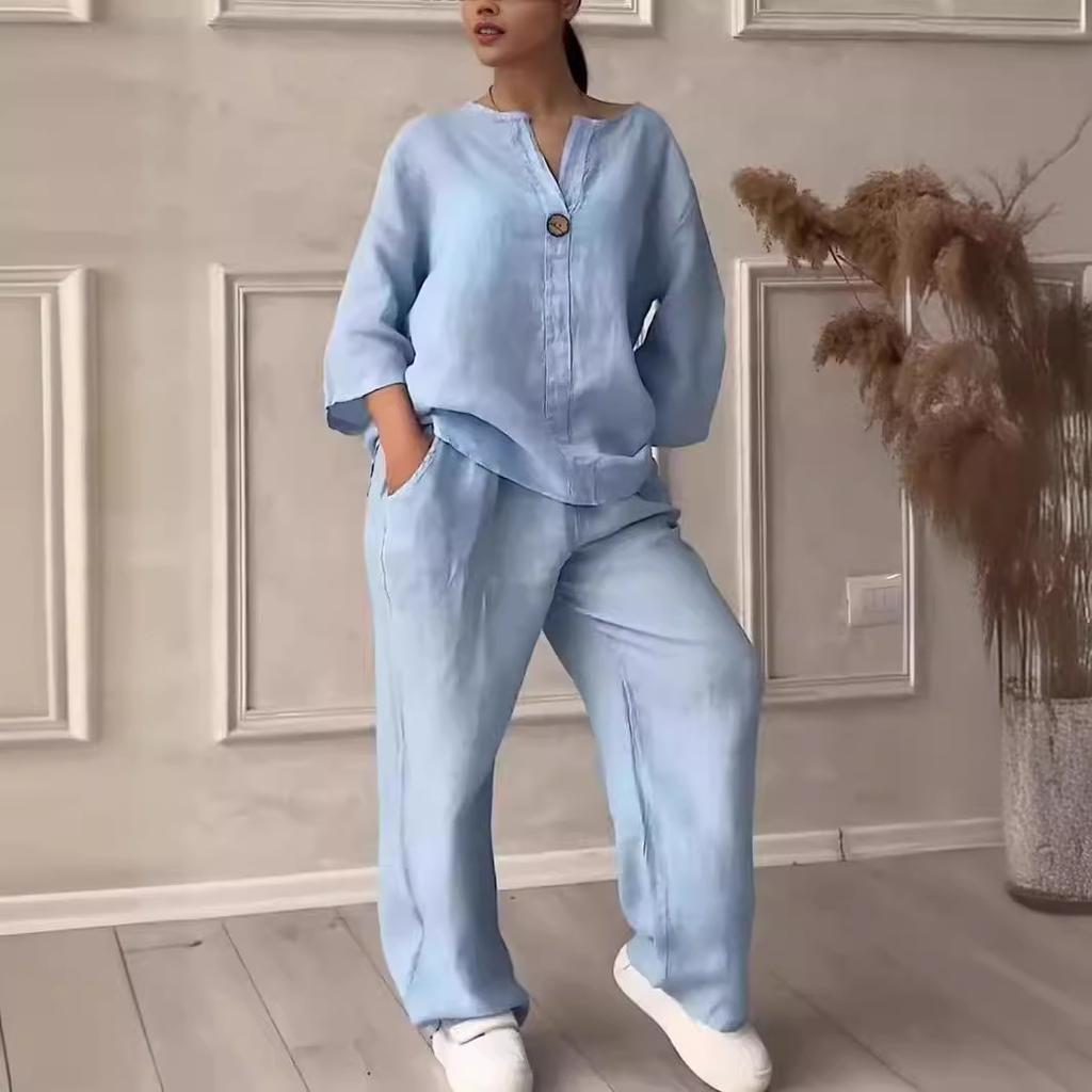 Cotton Linen Sets Two 2 Pieces Sale Casual Long Sleeve Button Loose Blouse Shirt&High Elastic Wide Leg Loose Pant Suits
