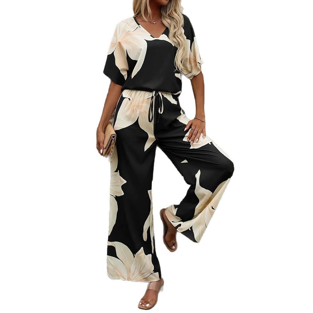 2025 Summer Independent Station TEMU Hot Sale Women's Casual Print Two-Piece Set Bat-Sleeve V-Neck Top + Long Pants