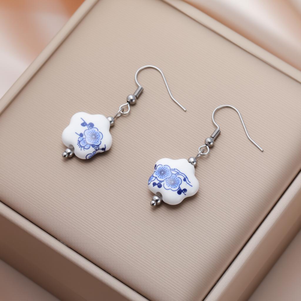 COOLTIME Plum Blossom Earrings Chinese Vintage Style Blue And White Porcelain Five-Petaled Trendy Earrings for Women