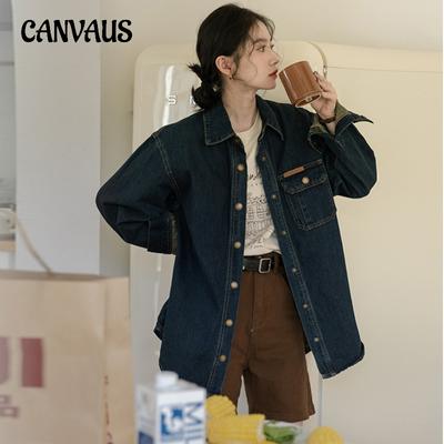 Vintage Dark Blue Denim Jacket Women's Spring and Fall Loose Casual Blouse Shirt