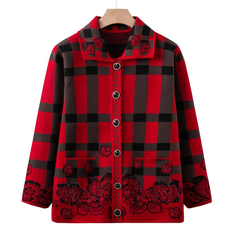 Grandma's Winter Sweater Cardigan Lapel Spring and Autumn Mother's New Knitted Sweater Middle-aged and Elderly Tops Old People's Clothes