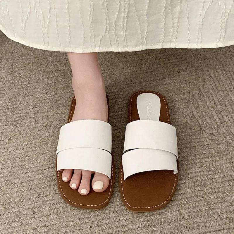 Summer Flat Slippers for Women Color Blocking Flip Flops Flats 2025 New Indoor Homewear Slides Women Square Toe Sandal Shoes