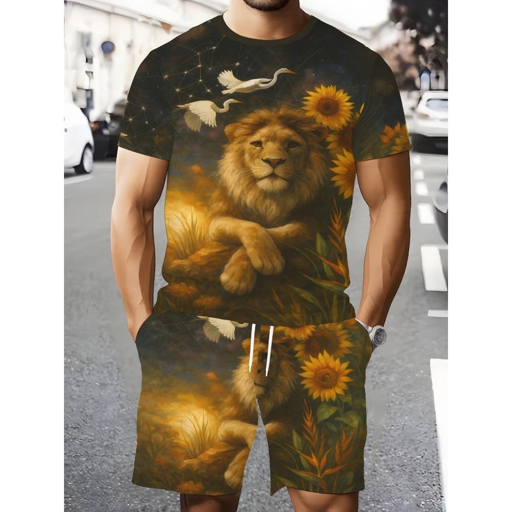 Men s 3D Digital Print  Fashion 2pcs Short Sleeve Suit S