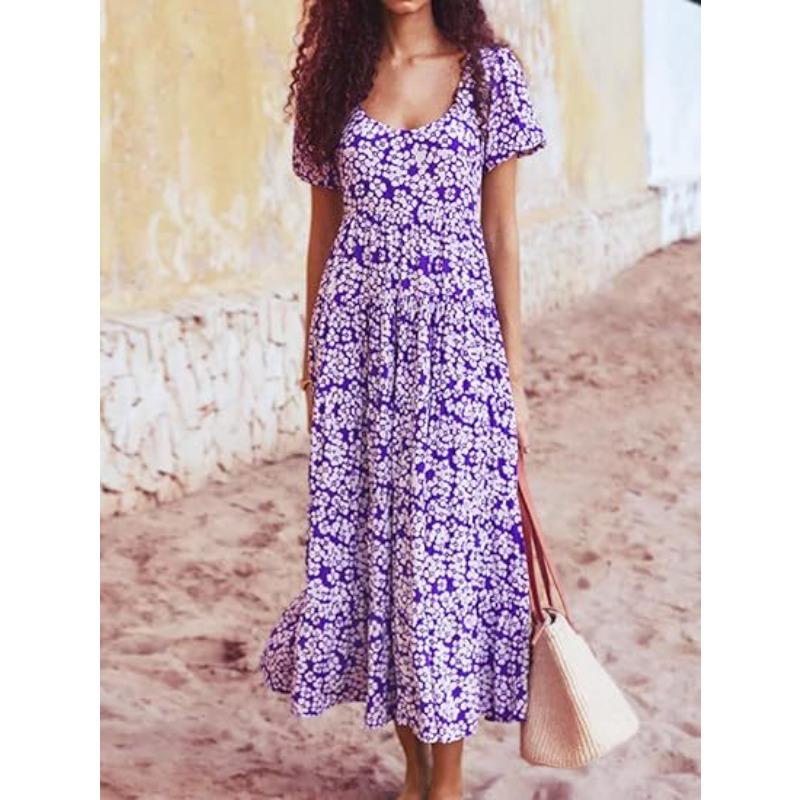 Damenbekleidung Puffärmel Kondensiertes Rückenscheiben-Druck Mehrlagiges Kurzarmkleid