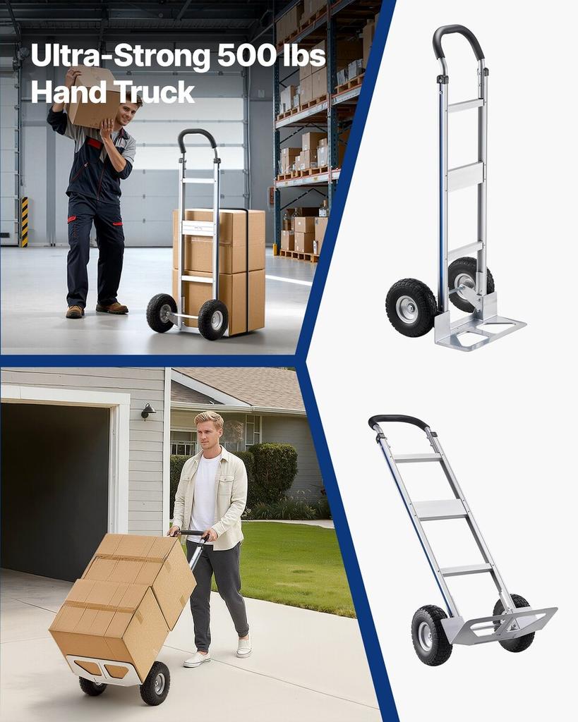 Hand Truck, 226.9 kg Load Capacity, Heavy-Duty Hand Truck Dolly with Non-Slip Wheels & Handle, Aluminum Alloy Portable Trolley Dolly with Tie-down