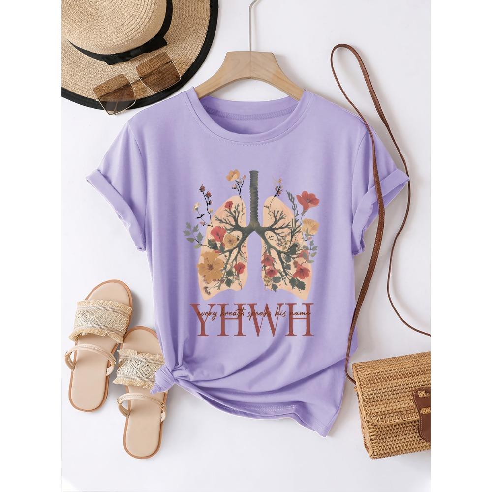 Floral Lungs YHWH Women's Tee - Faith Graphic, Casual Olive Green Top