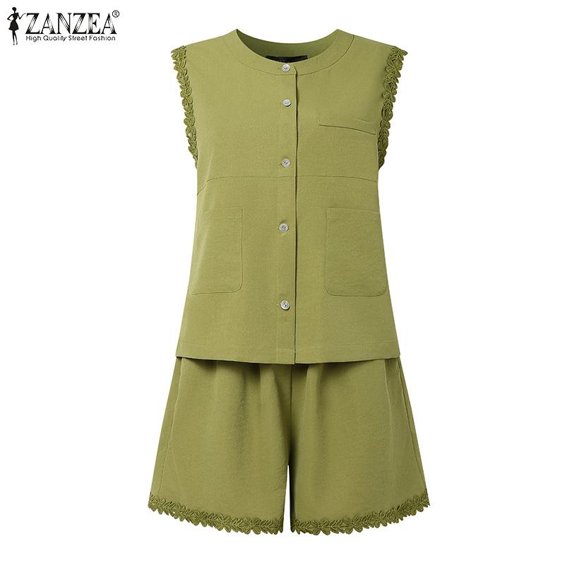 

ZANZEA Vintage Women Sets Sleeveless Lace Crochet Hem Tank Tops and Mini Shorts Outfits 4XL зелений