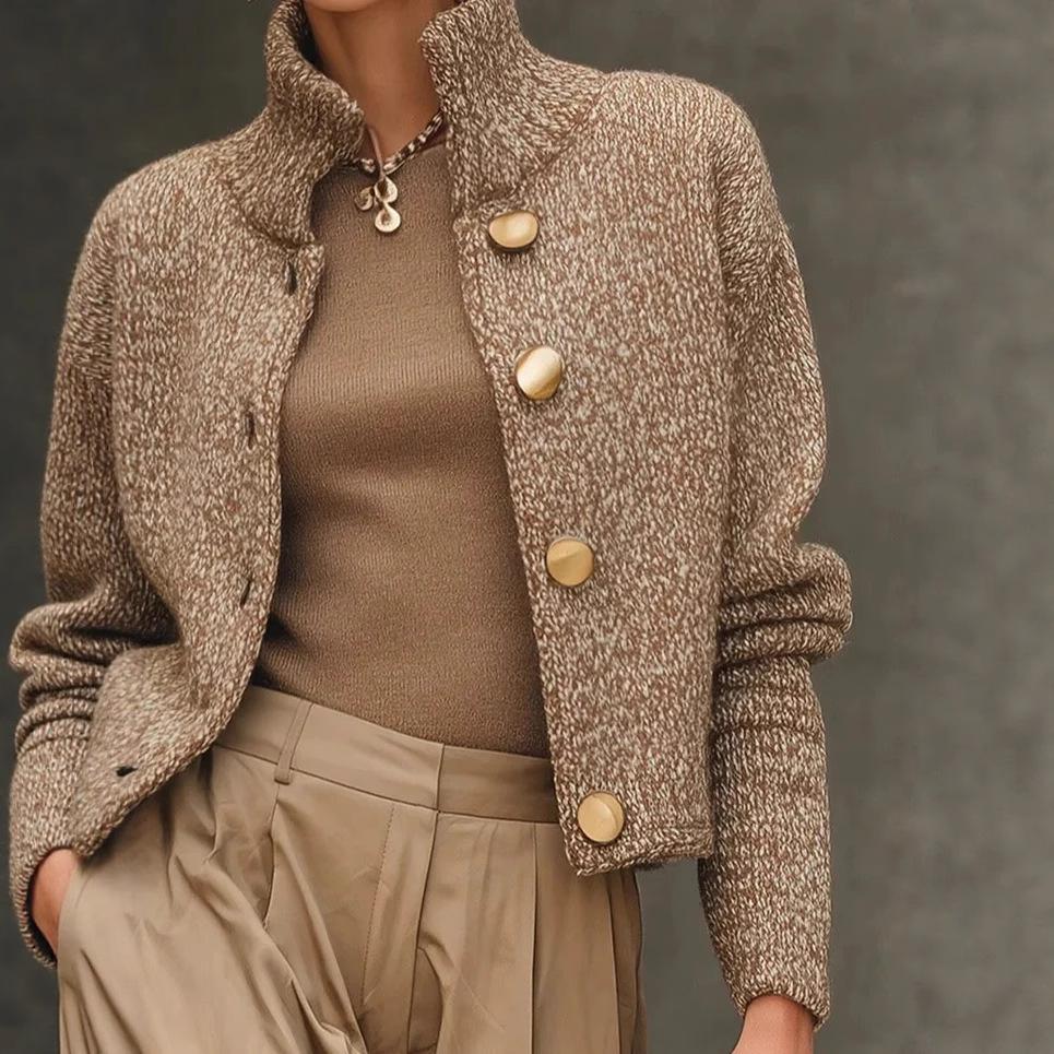 Modische High-Neck-Knopf-Strickjacke Jacke Damen Herbst Winter Langarm Pullover Mäntel Lässig