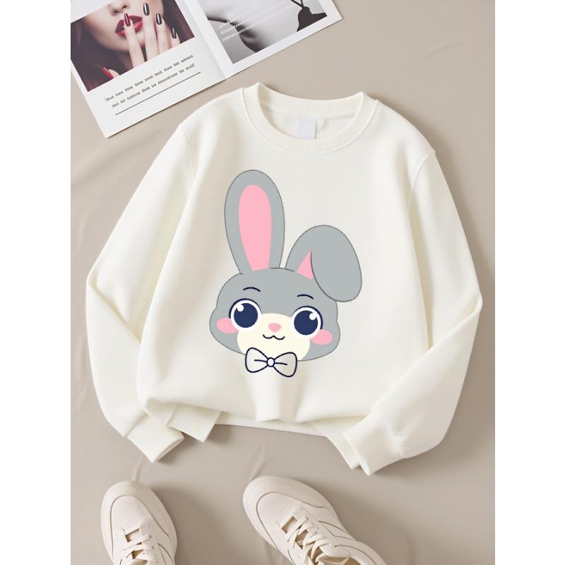 European sizes Girls' Round Neck Sweatshirt, Casual Printed Pullover, Cute Gray Bunny with Bow Tie, Autumn And Winter Warm Fashion Top.