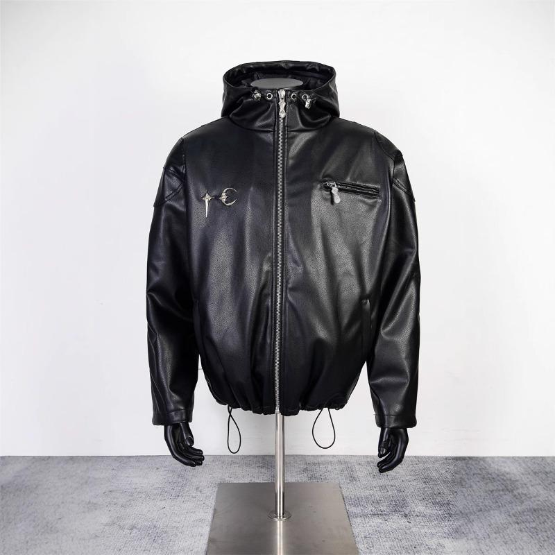 EastRogue American Retro PU Leather Star and Moon Patch Embroidery Zipper Jacket