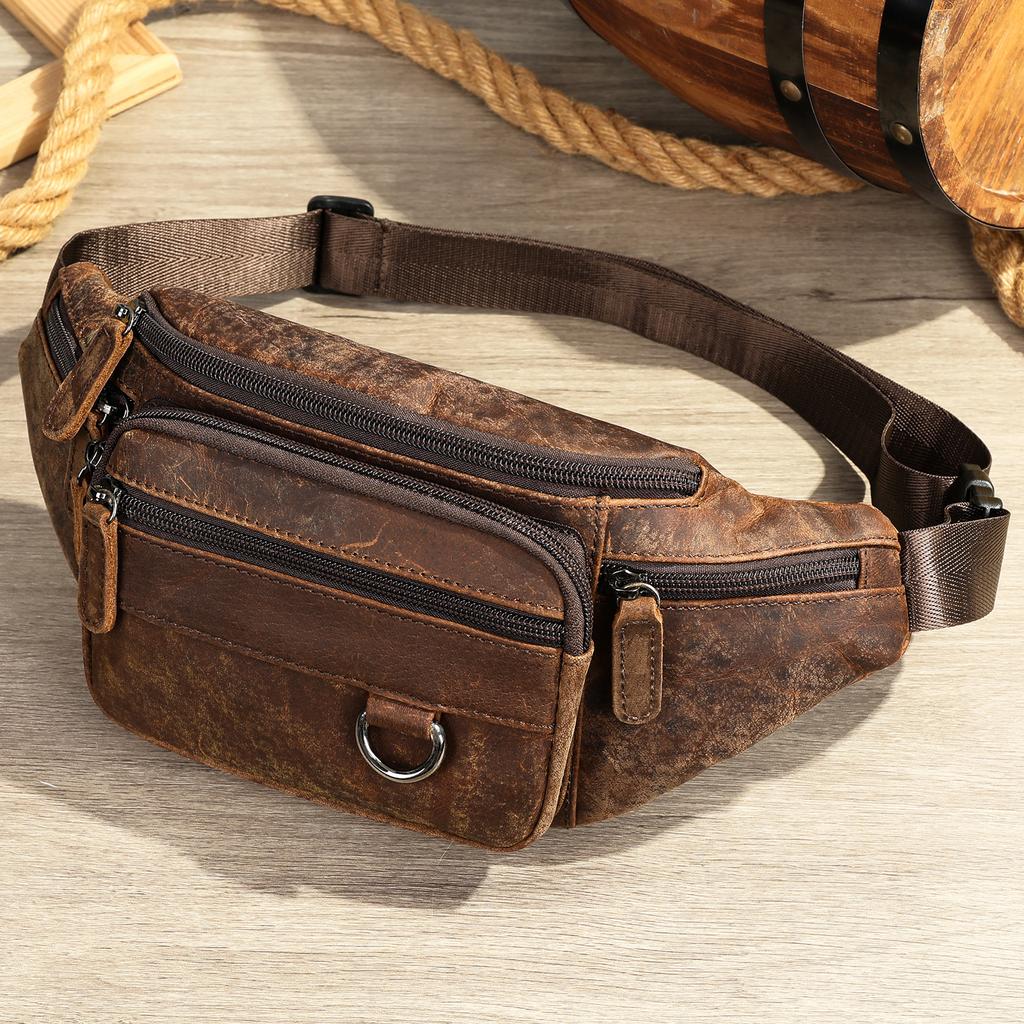 Genuine Leather Fanny Pack Cell Phone Bag Head Layer Cowhide Leather Chest Bag Multifunctional Sports Shoulder Crossbody Bag