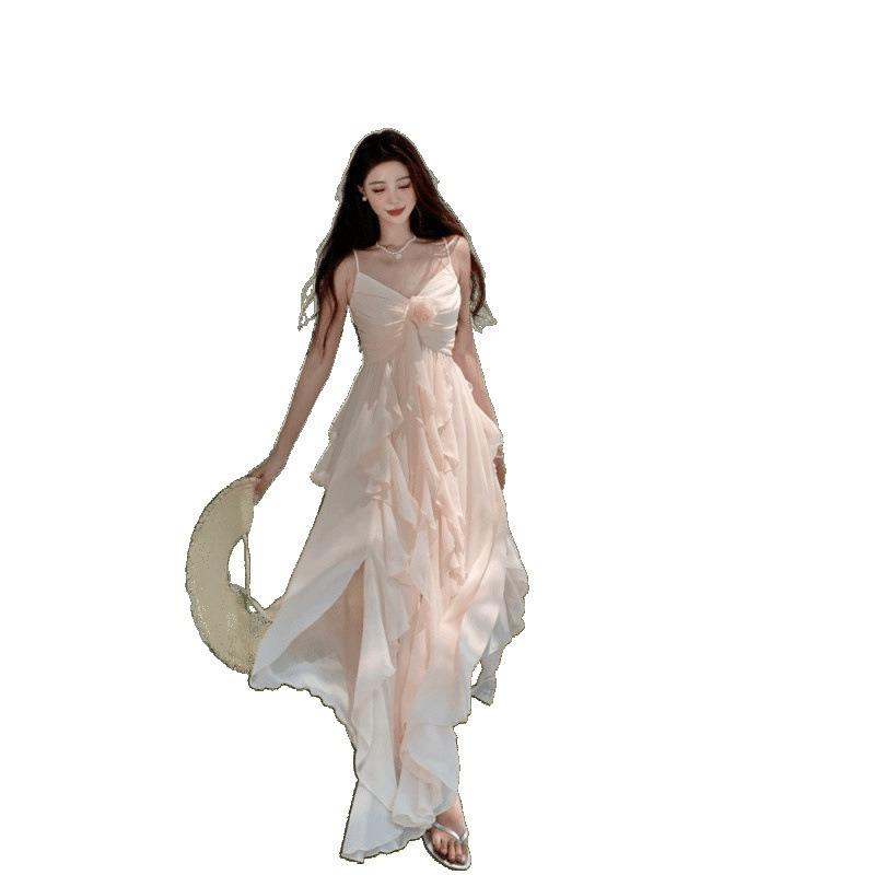 Romantischer Urlaub Neues Französisches Feiertag Sanfte Taille Skinny Mode Hosenträgerkleid Sommer Strandkleid