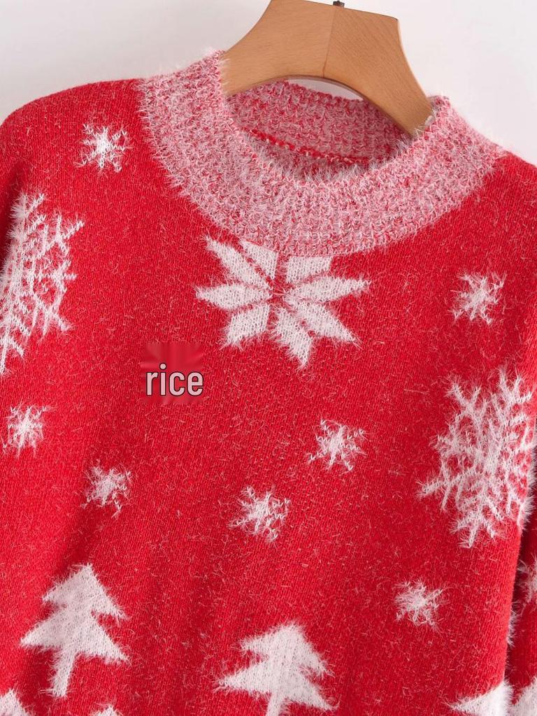Women's Faux Mink Velvet Snowflake & Tree Sweater - 2021 Autumn/Winter European & American Style, Round Neck Pullover.