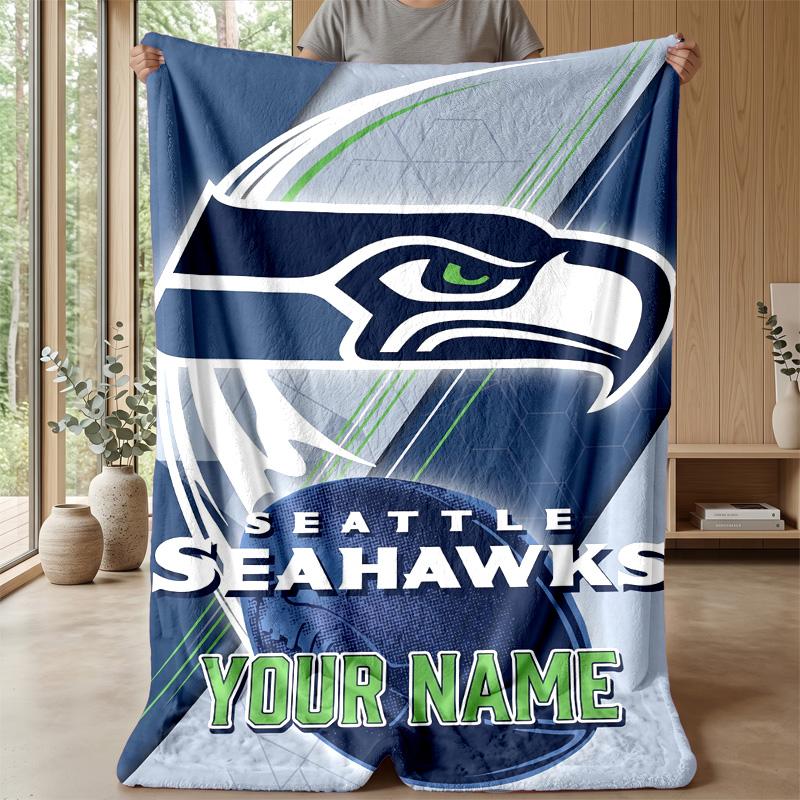 Seattle Seahawks Custom Flannel Throw Blanket Print Your Name Text Soft Warm Blanket Holiday Present
