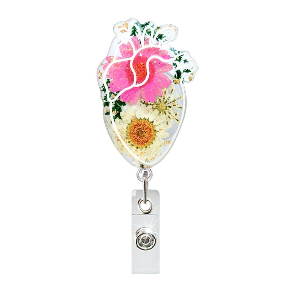 High Resilience Heart Badge Clip Fall-proof Nurse Badge Holder Daisies Pattern Badge Clip  Name Tag