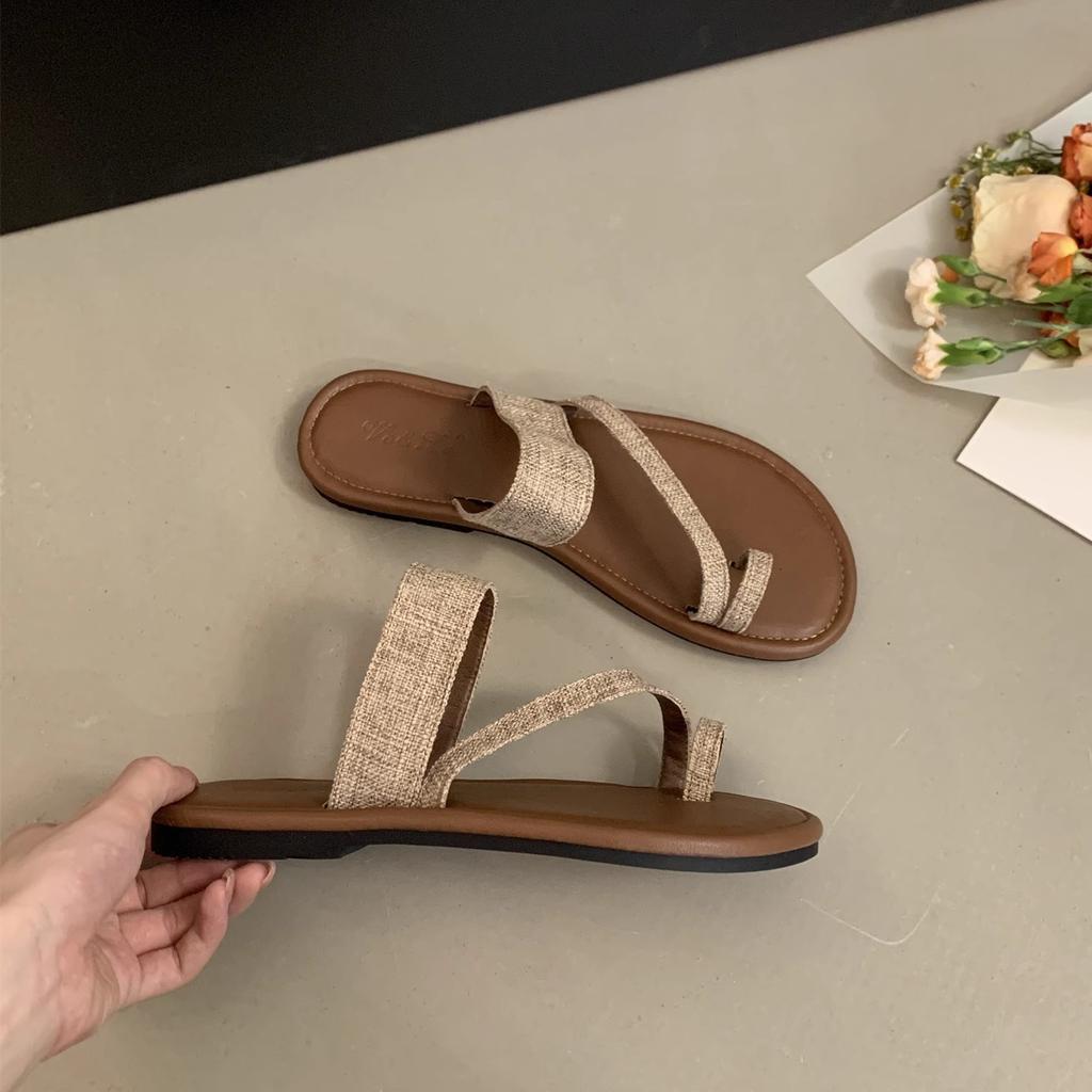 Super soft flat-bottomed linen slippers for women's outer wear summer new jacket toe sandals casual vacation beach seaside sandals