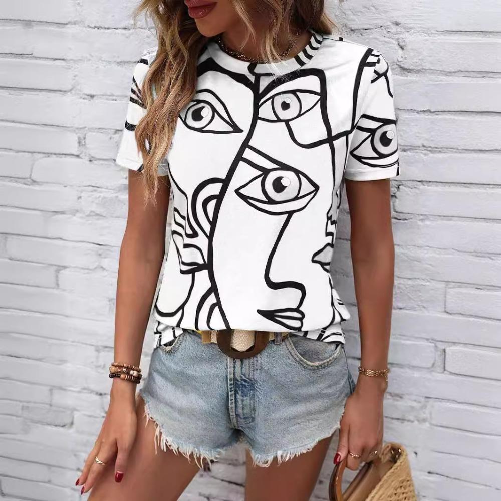 

Abstract Portrait Art Pattern 3D Digital Printing Women s Casual Round Neck Short Sleeved T-shirt XS