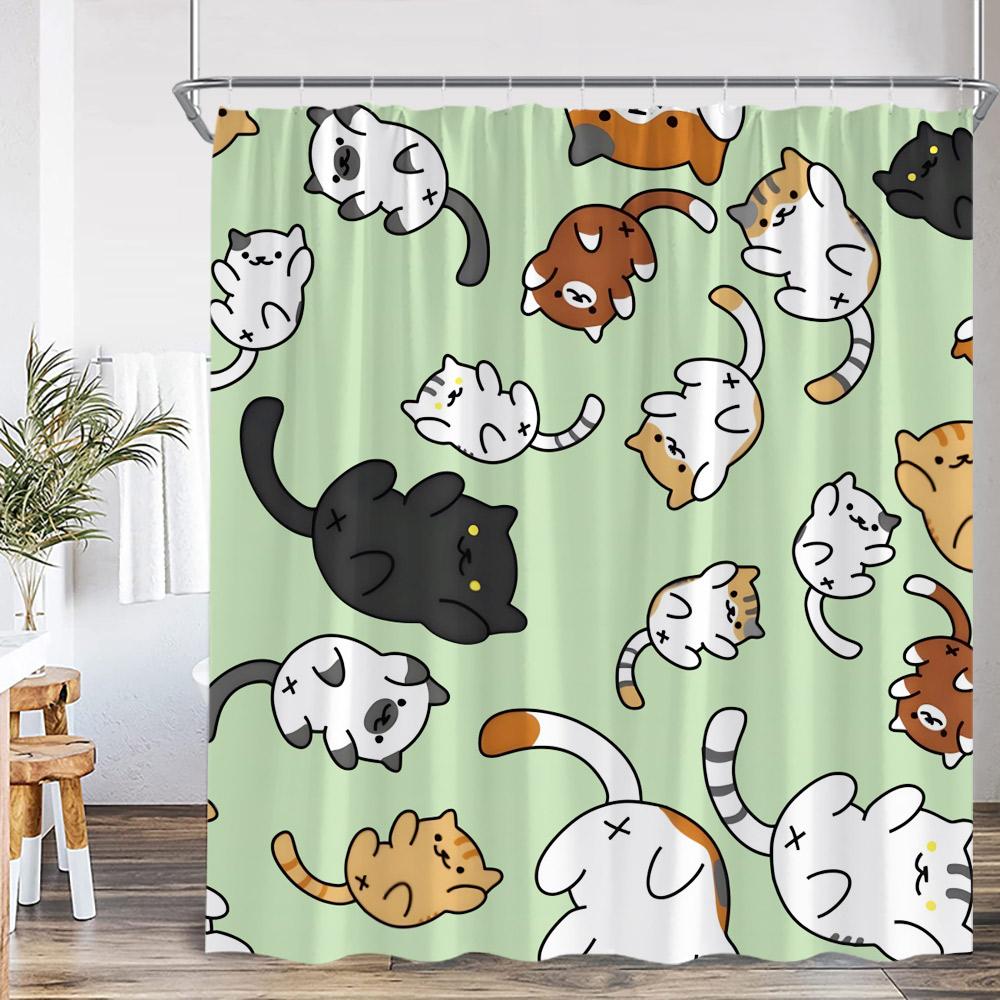Cat Shower Curtain Cartoon Animal Potted Plant Greenery Black Cat Abstract Nordic Bathroom Decor Minimalist Bathtub Curtain