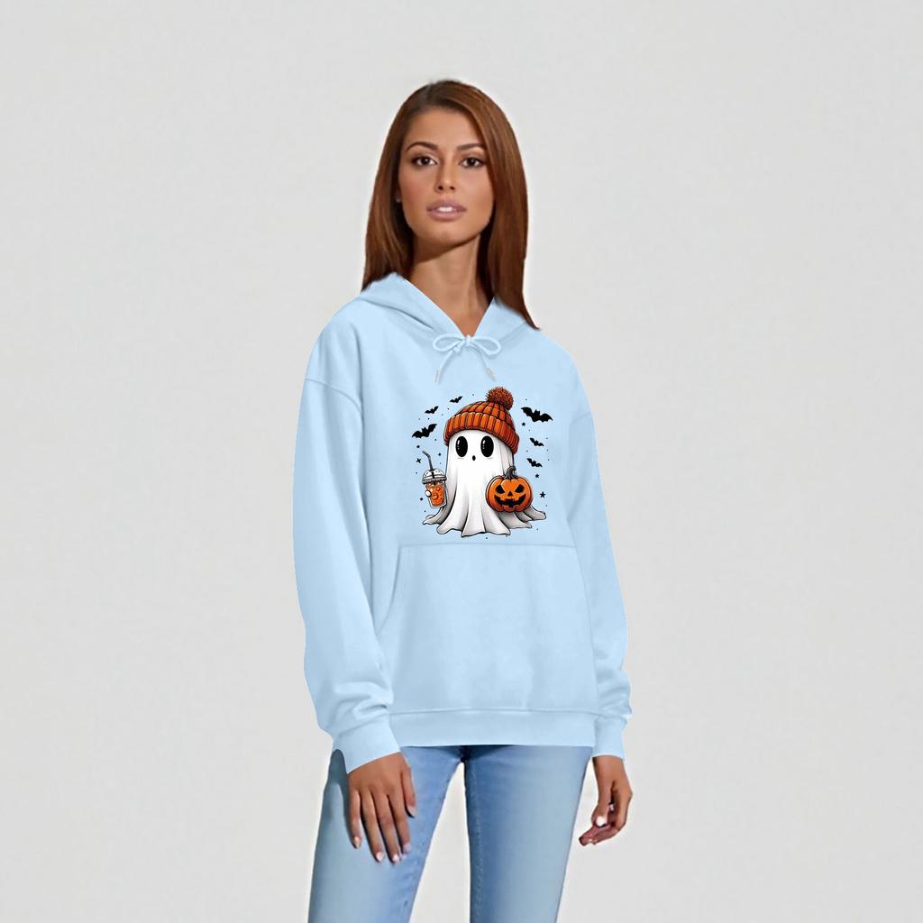Women's O-neck Long Sleeve Halloween Printed Top Solid Color Hoodie