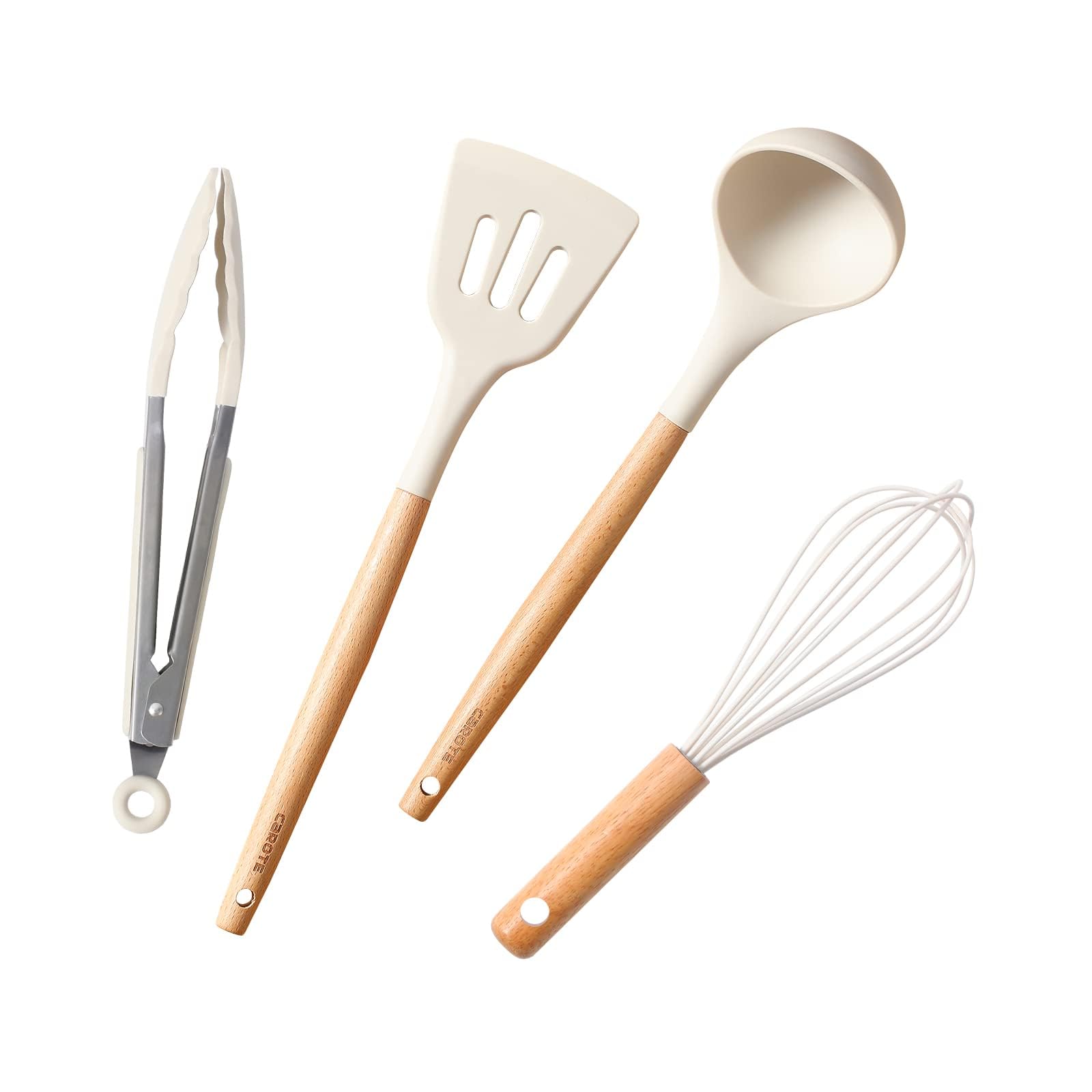 

CAROTE Silicone Kitchen Utensil and Beige 4-Piece Set Spatula, Ladle, Tongs, Whisk, High-Heat Resistance, (4-Piece Set) бежевый