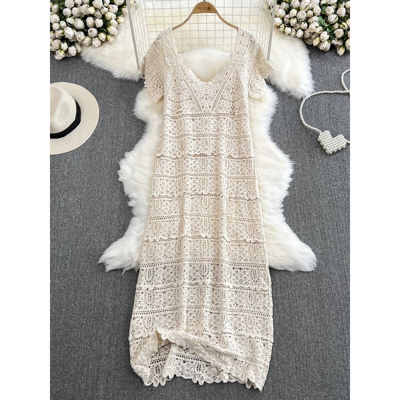 French Summer V Neck A- Line Crochet Cut Out Lace Long Dress