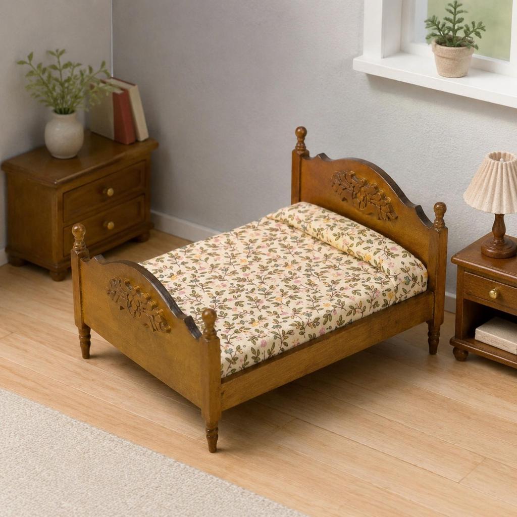 Ornate Carved Miniature Bed Realistic 1:12 Scale Dollhouse Double Handmade