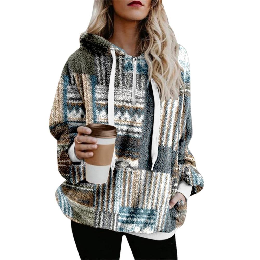 Women's Hooded Half Zip Fleece Sweatshirt Loose Fit Ethnic Geometric Print Pullover With Pockets