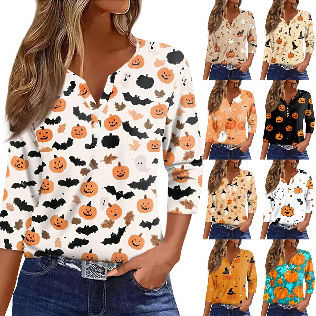 Women's T Shirt Tee Print Button 3/4 Sleeve Daily Weekend Fashion Basic V- Neck Regular Top