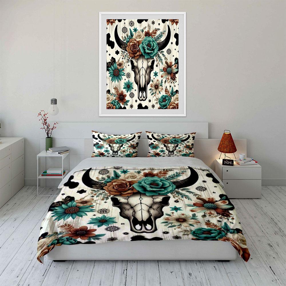 Floral Skull Western Bedding Set Bedding Duvet Cover Set Duvet Cover Pillowcases (1 * Duvet Cover 2 * Pillowcases, Without Duvet Insert)
