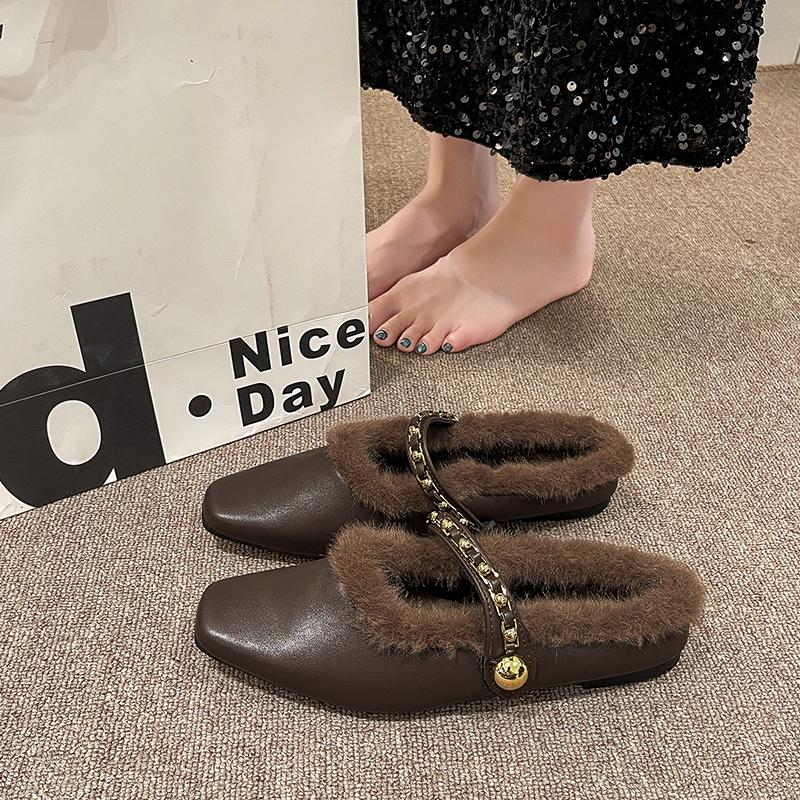 Fashion 2025 New Fashion Women Round Toe Flats Baotou Slippers with Velvet Matte Finish Single Casual Shoes Women Comfort Loafers Shoes
