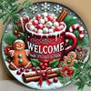 Christmas Themed Iron Wall Art Decor 7.8 Inch Round Metal Sign with Gingerbread and Holiday Mug Design Welcome Door Sign