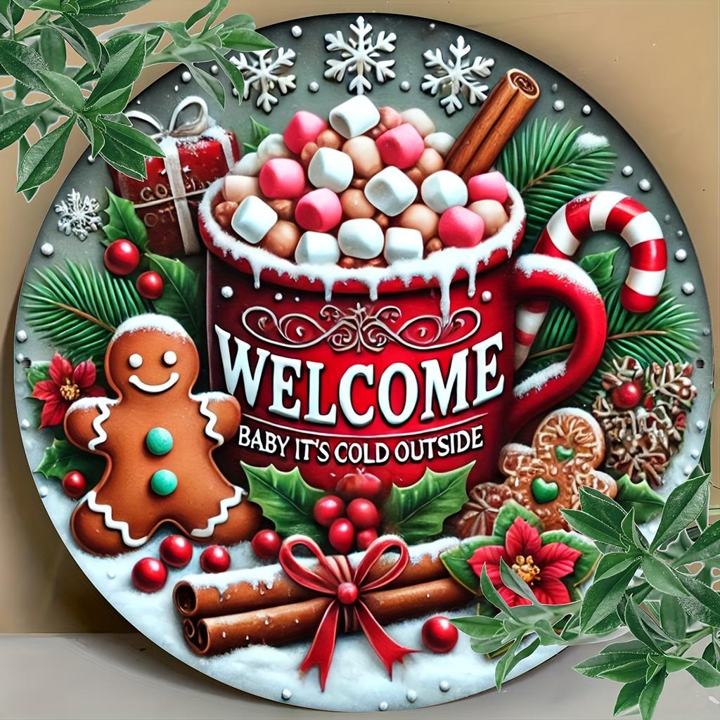 Christmas Themed Iron Wall Art Decor 7.8 Inch Round Metal Sign with Gingerbread and Holiday Mug Design Welcome Door Sign