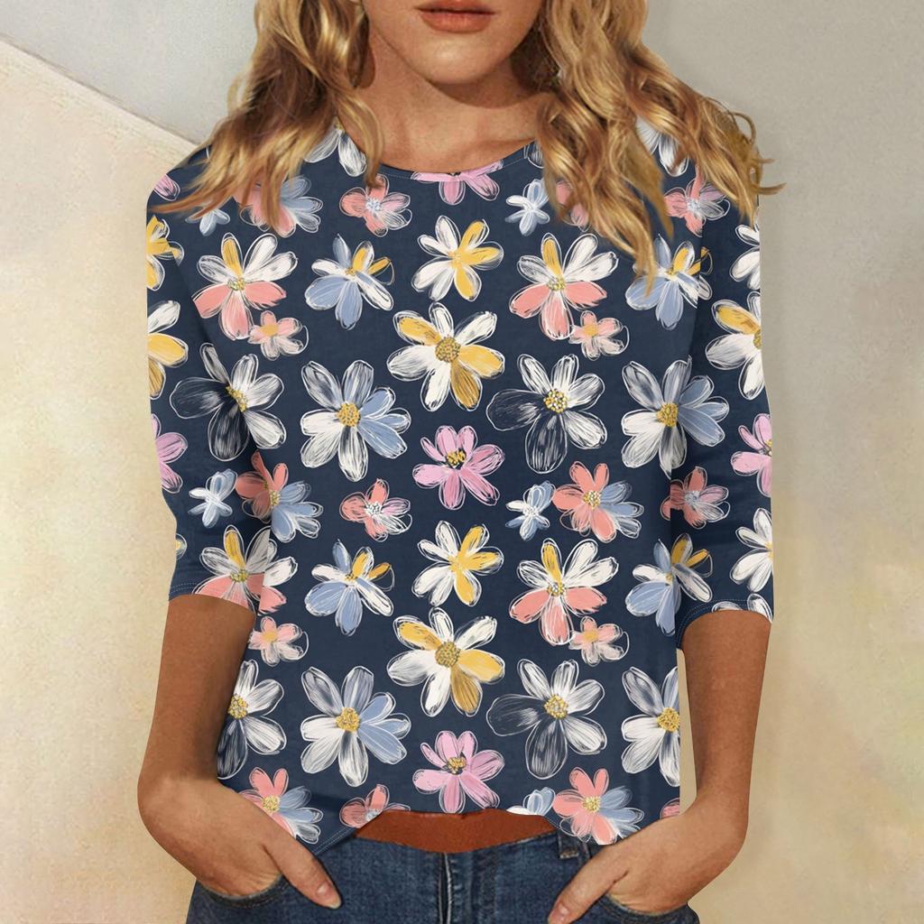 Women's Fashion Casual Round Neck 3/4 Sleeve Printed T-Shirt Ladies Top