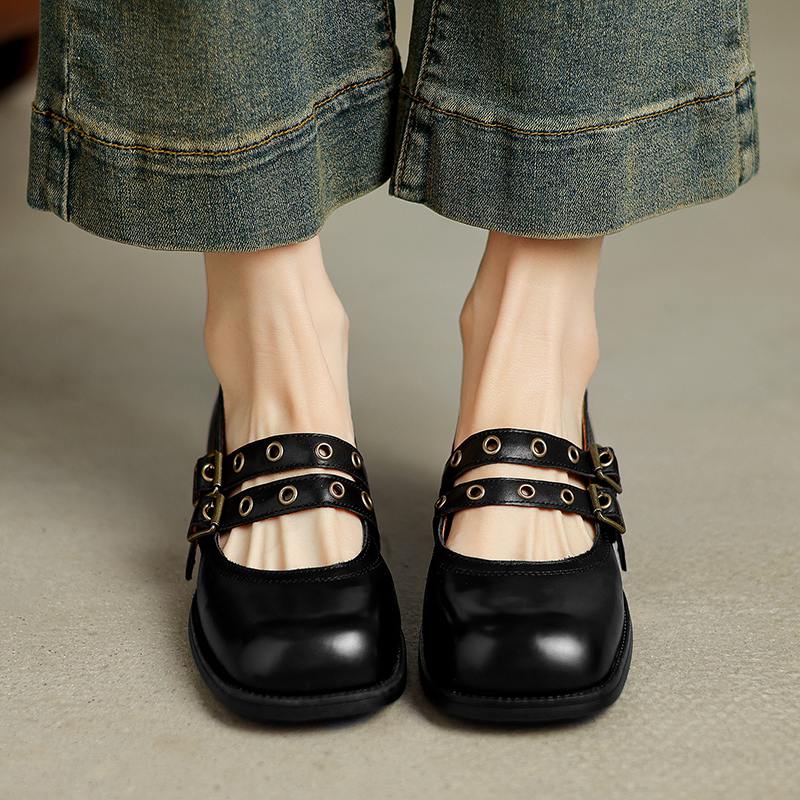 Krazing Pot Cow Skin Spring Summer Size 40 Loafers Thick Med Heels Metal Buckle Women Round Toe Leisure Pumps