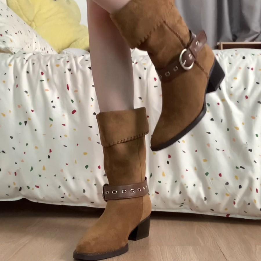 Sheepskin Version~ Skinny Niche Design Belt Buckle Retro Pointed Head Thick Heel Showing Legs Thin Temperament Versatile Fashion Boots