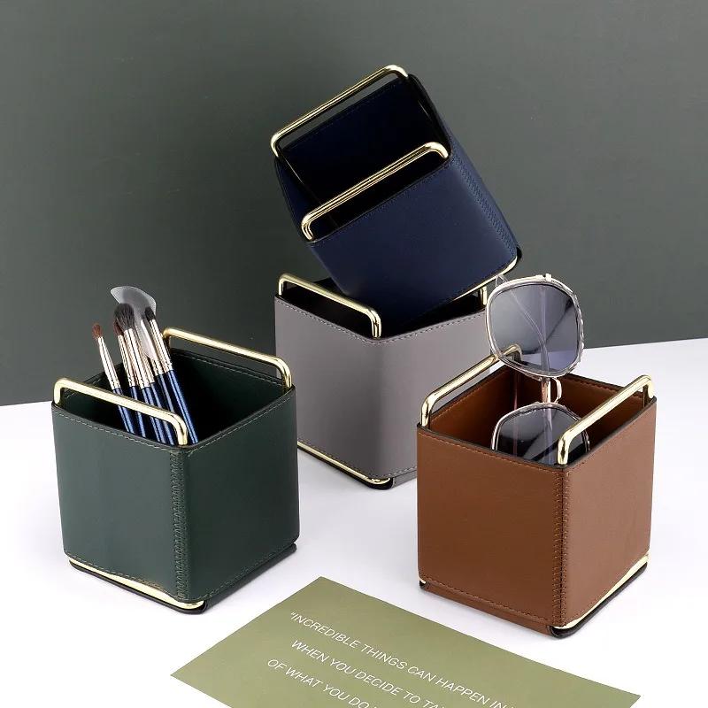 AhunderJiaz European Style Desktop Leather Organizer Cosmetic Brush Jewelry Storage Box Organizer Home Decoration