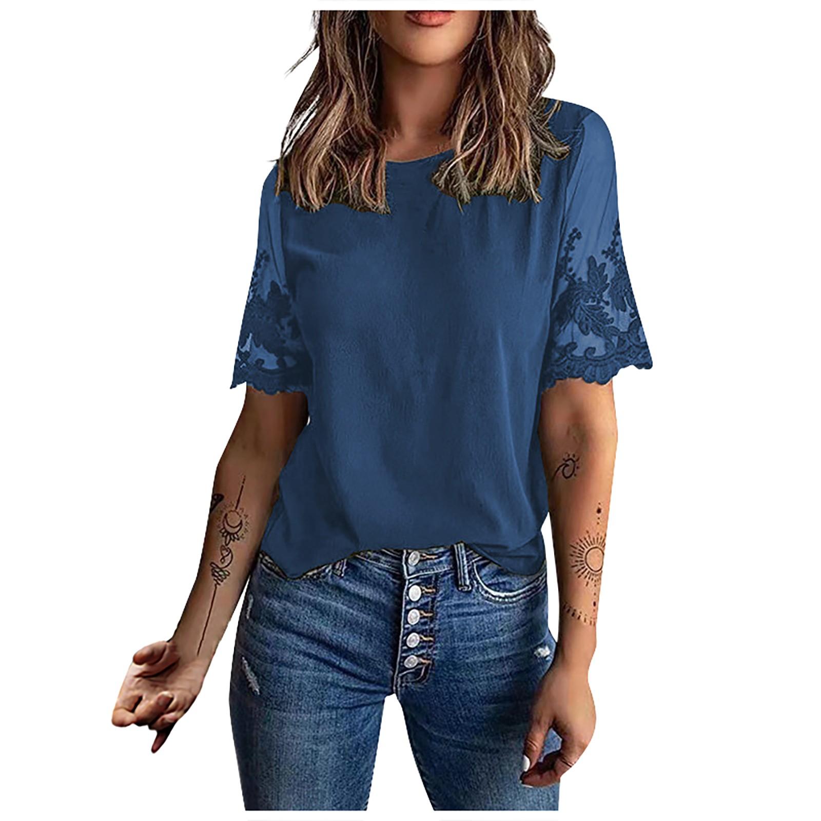 

Женская повседневная мода однотонный круглый вырез шифоновый кружевной пэчворк топ XXL тёмно-синий