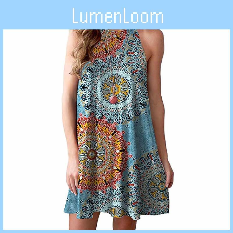 Elegant Women Fashion Splicing Color Print Hanging Neck Hem Mini Dress In Premium Quality Materials