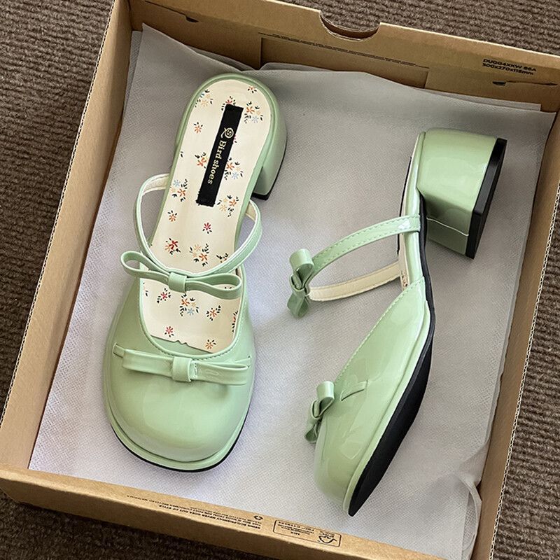 Fairy style bow wedge single shoes women's outer wear 2025 new open-toed square head with skirt temperament slippers tide