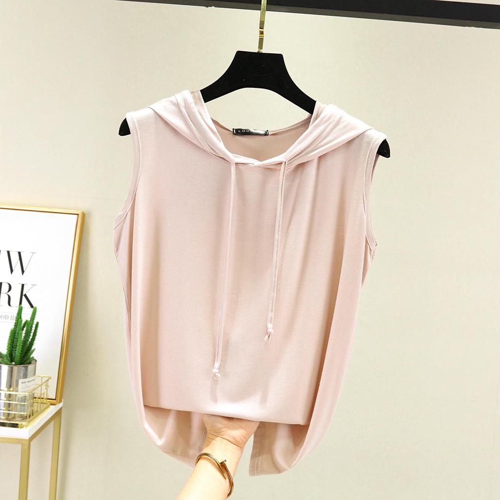 Spring Summer Women's Sleeveless Modal Vest Hooded Sweatshirt - Plus Size Slimming Loose Fit