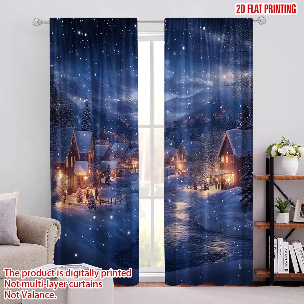 

2pcs 2D flat printing Merry Christmas Popular Drapes Shining lights_ blue skies and snowflakes Polyester Without Electricity 100*130 Grommet Top 1pcs