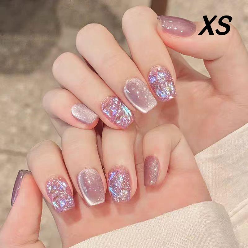 Press-On Nails Shimmery Cat Eye Short Square False Nails Kit with Free Adhesive Glue for Night Club Parties