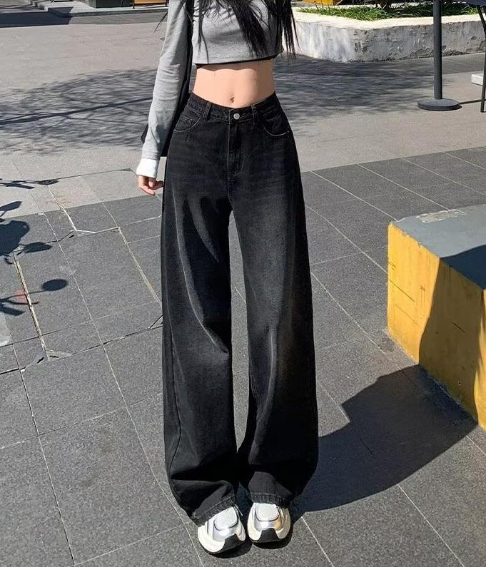

2026 Spring/Autumn Women s Blue-Gray Retro Wide-Leg Floor-Length Jeans 2XL серый