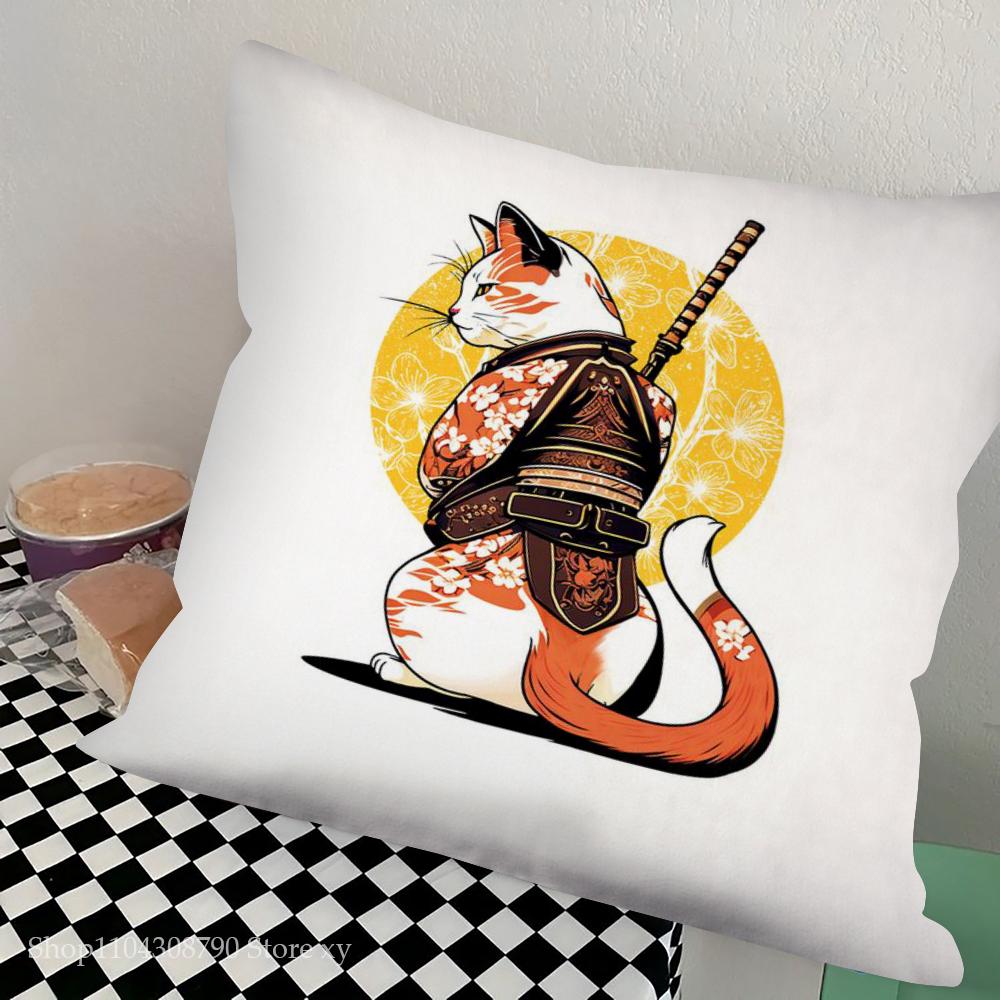 1pc Japanese Tattoo Samurai Cat Pillow Case Square Bedroom Sofa Leisure Comfort Cushion Car Living Room Home Decoration