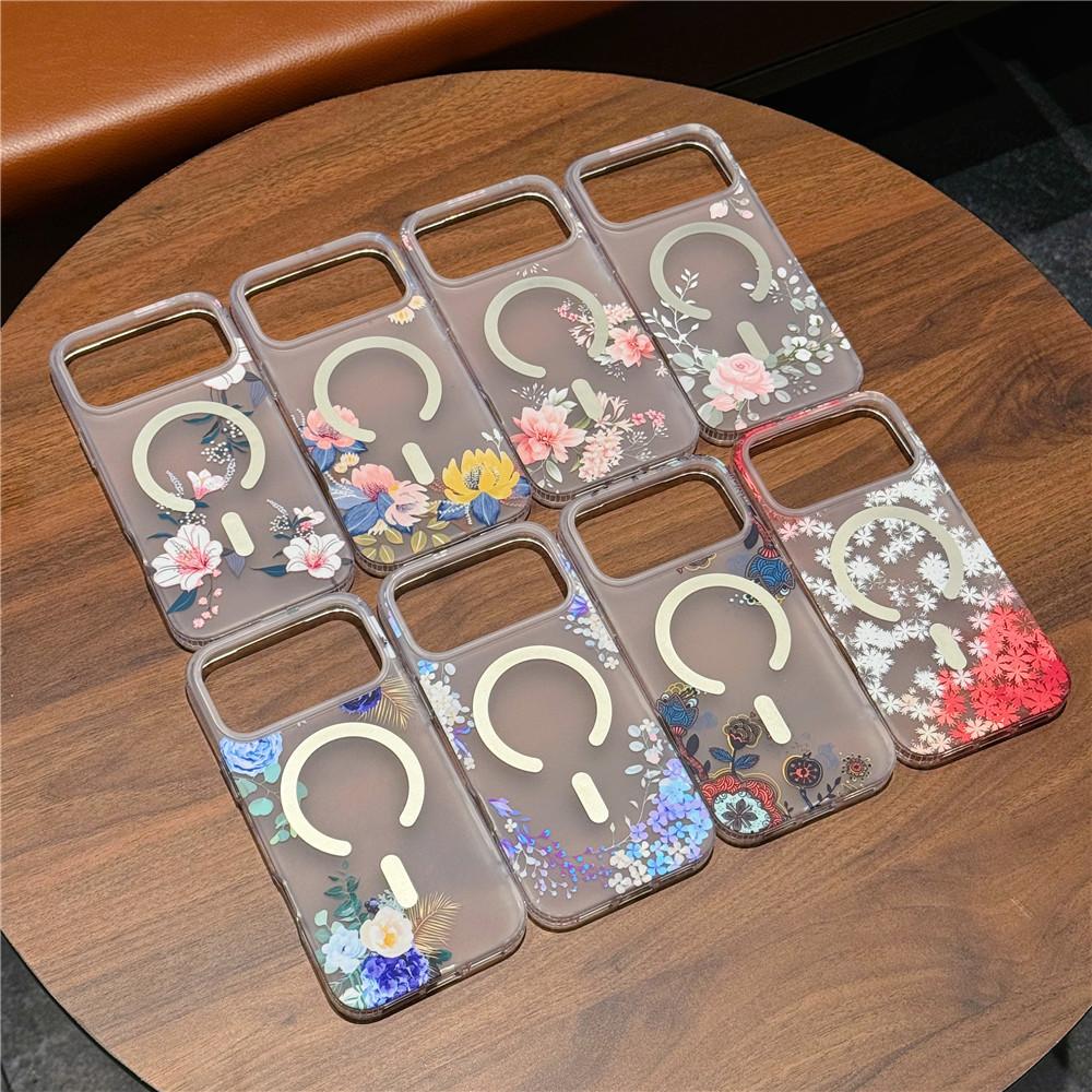 Suitable for iPhone 17 Promax Phone Case, Apple 17 Matte Skin Texture Flower 17 Pro Semi Transparent Magnetic Suction Case