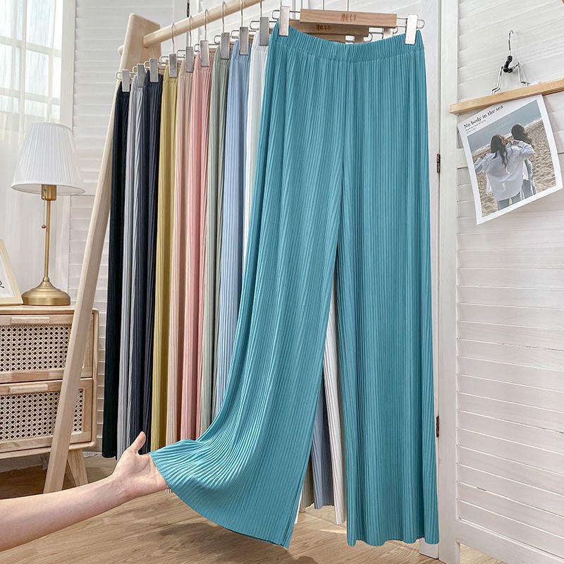 High-Waisted Ice Silk Pleated Wide-Leg Women's Pants: Slimming, Versatile, Floor-Length, Sun Protection, Mosquito Repellent, Casual Summer Wear