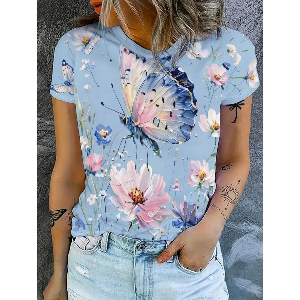 2026 New Summer Women's Round Neck 3D Printed T-Shirt Butterfly Graphics Fashion Short Sleeve Top