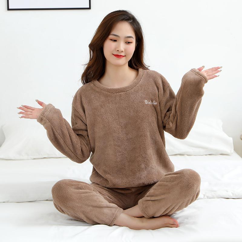 Autumn Winter Thickened Warm Set Coral Velvet Pajamas Long Trousers Fashion Casual Pink Long-Sleeved Loungewear Outside Solid